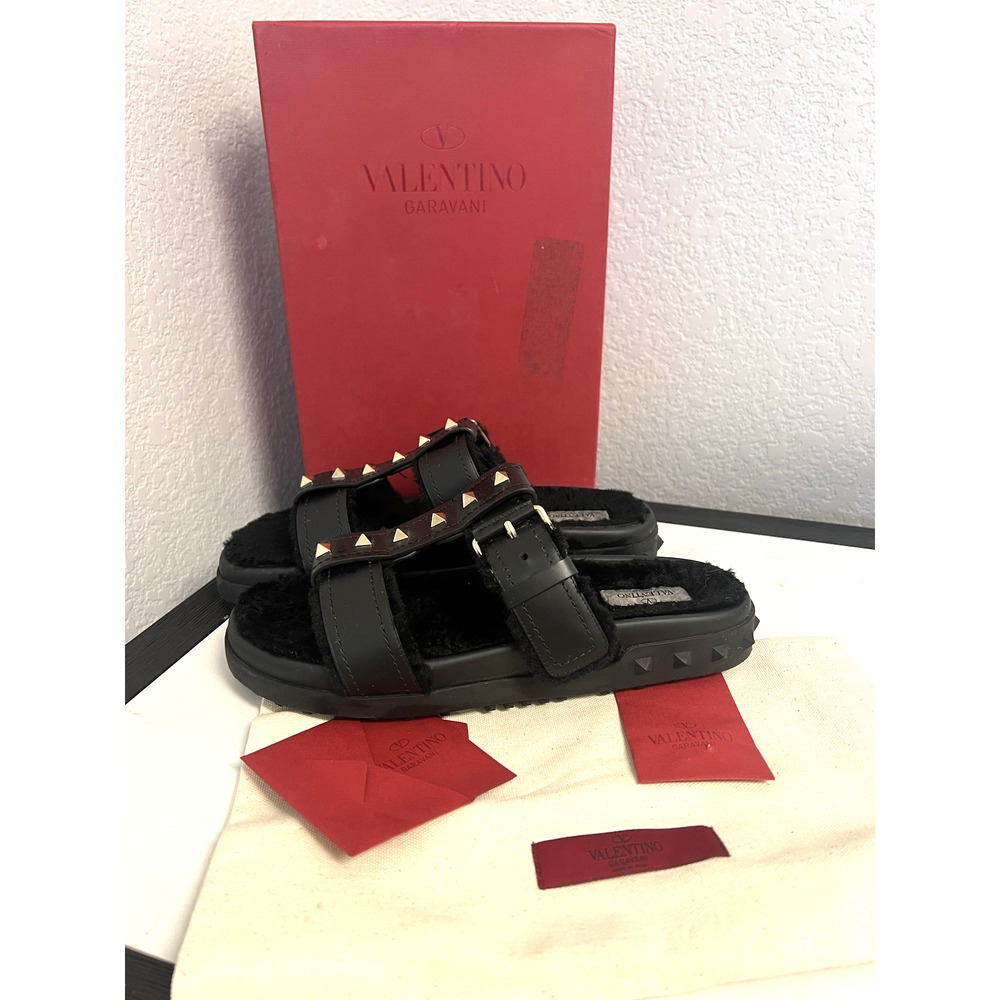 Valentino Garavani Rockstud Shearling Lined Sandals, Black, EU 39 / US 9